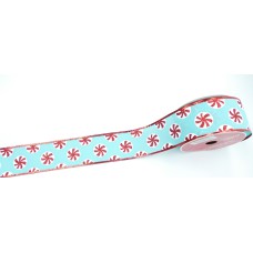 2.5 Inch Turquoise Wired Christmas Ribbon With Peppermint Candy Swirls and Red Crimped Wire Edges, 25 Feet Per Spool (Lot of 1 Spool) SALE ITEM